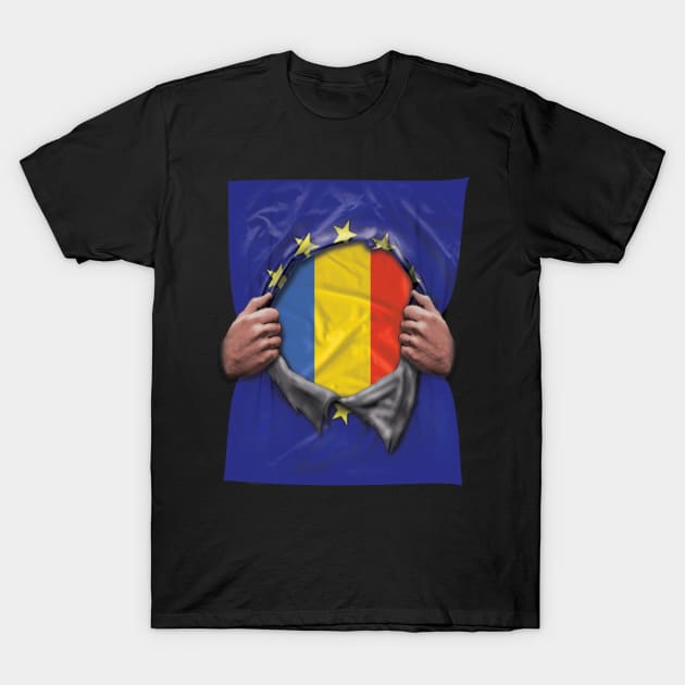 Romania Flag European Union Flag Ripped Open - Gift for Romanian From Romania T-Shirt by Country Flags